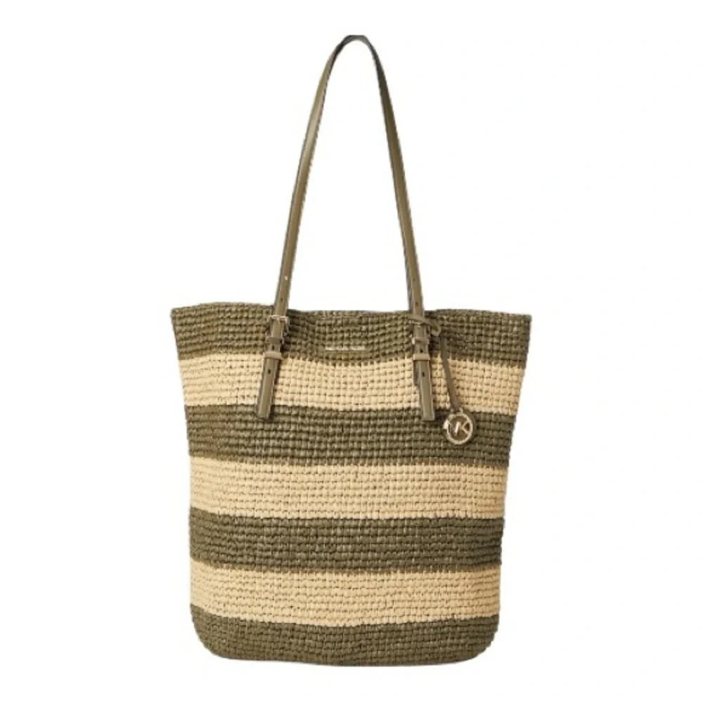 Michael Kors Quinn Straw Tote Large Green Stripe Beach Travel Bag